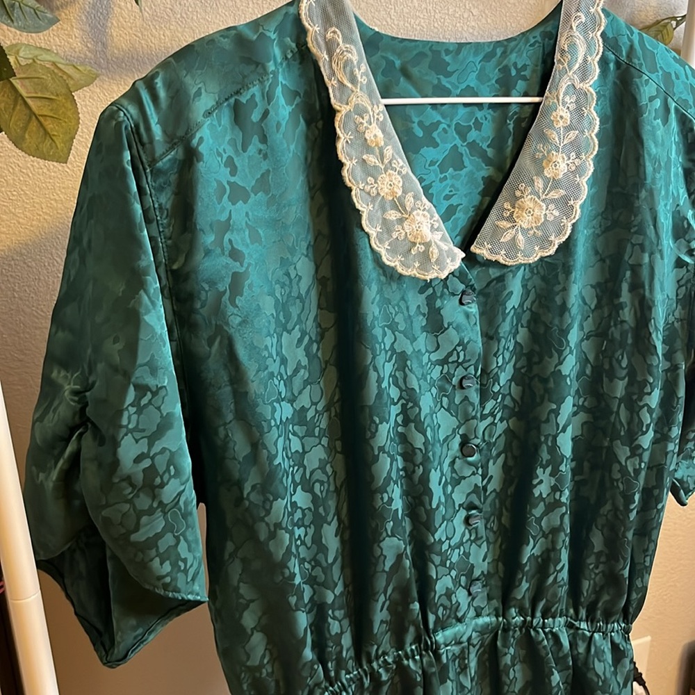 Vintage handmade dress lace collar trim half button up green maxi